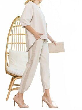 New Joh Katie Crepe Knit High Low Hem Joggers Pants Size Small Beige Pull On